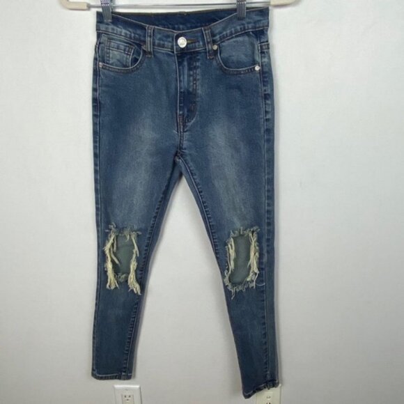 UNIF Peach Pit Skinny Jeans Busted Knees Size 25 Denim Distressed Blue High Rise - Picture 12 of 15